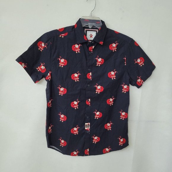 Denim & Flower Santa Shirt Adult M Santa Christmas Short Sleeve Button Up New - Picture 1 of 12